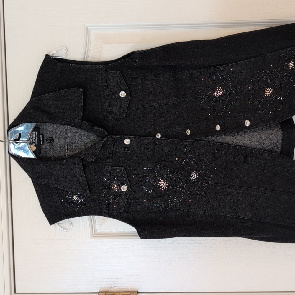 NWOT Christine Alexander black sleeveless Denim Vest with Floral Accents!! Med
